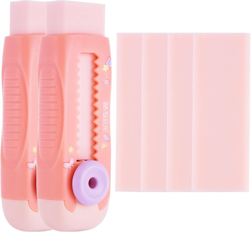 MG 2+4 Pack Rubber Erasers Sliding Retractable Eraser, 2 Pack Cute Erasers Push Pull Large Pencil Eraser with Plastic Sleeve and 4 Refill Erasers for Students, School Office Supplies (Pink Unicorn) - Image 1